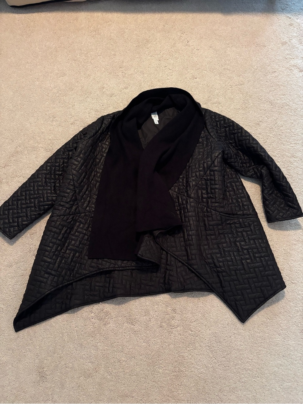 Black Quilted Open-Front Jacket with Scarf
